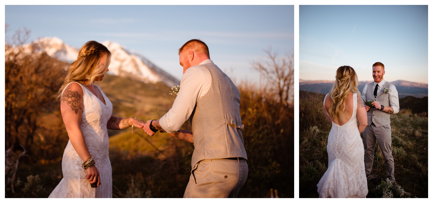 A bride and groom reading their vows at their Carbondale, Colorado elopement at Mt. Sopris. 