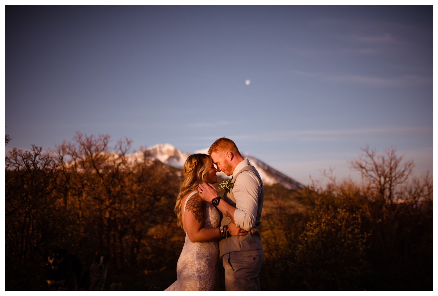 Bride and groom kissing on their wedding day in Carbondale, CO near Aspen, celebrating their wedding at Mt. Sopris.