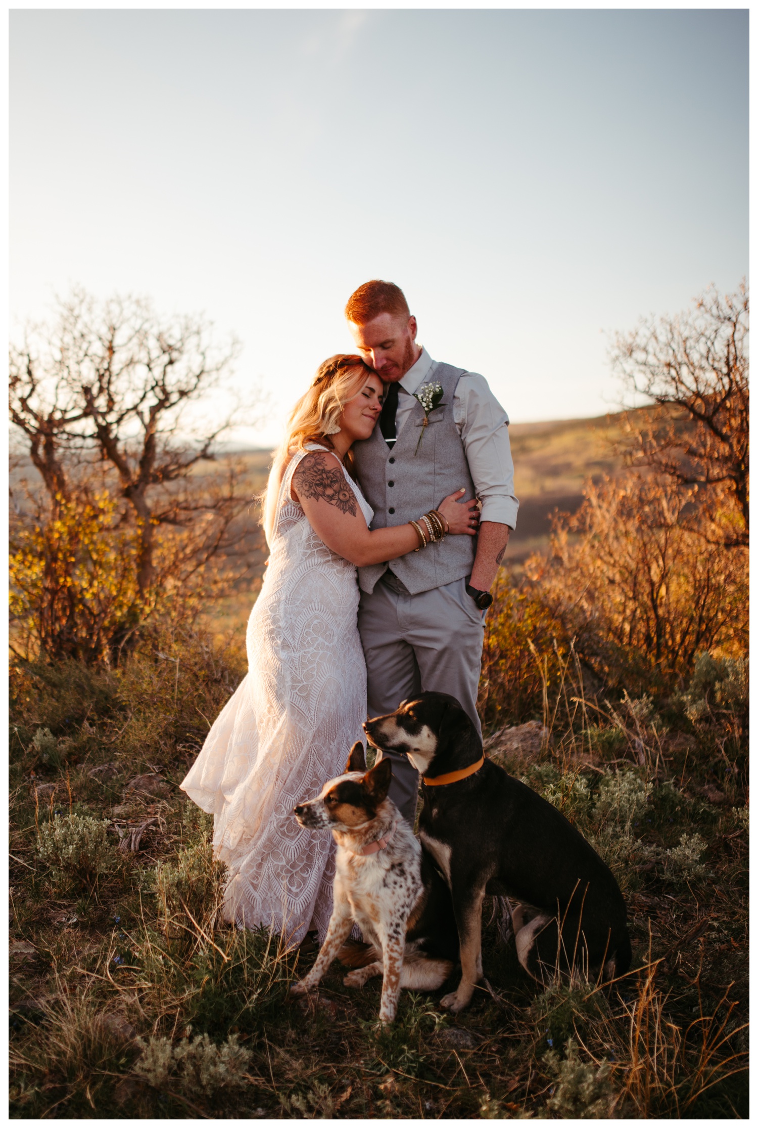 A bride and groom on their wedding day. Hugging during their sunrise elopement with their two dogs. 