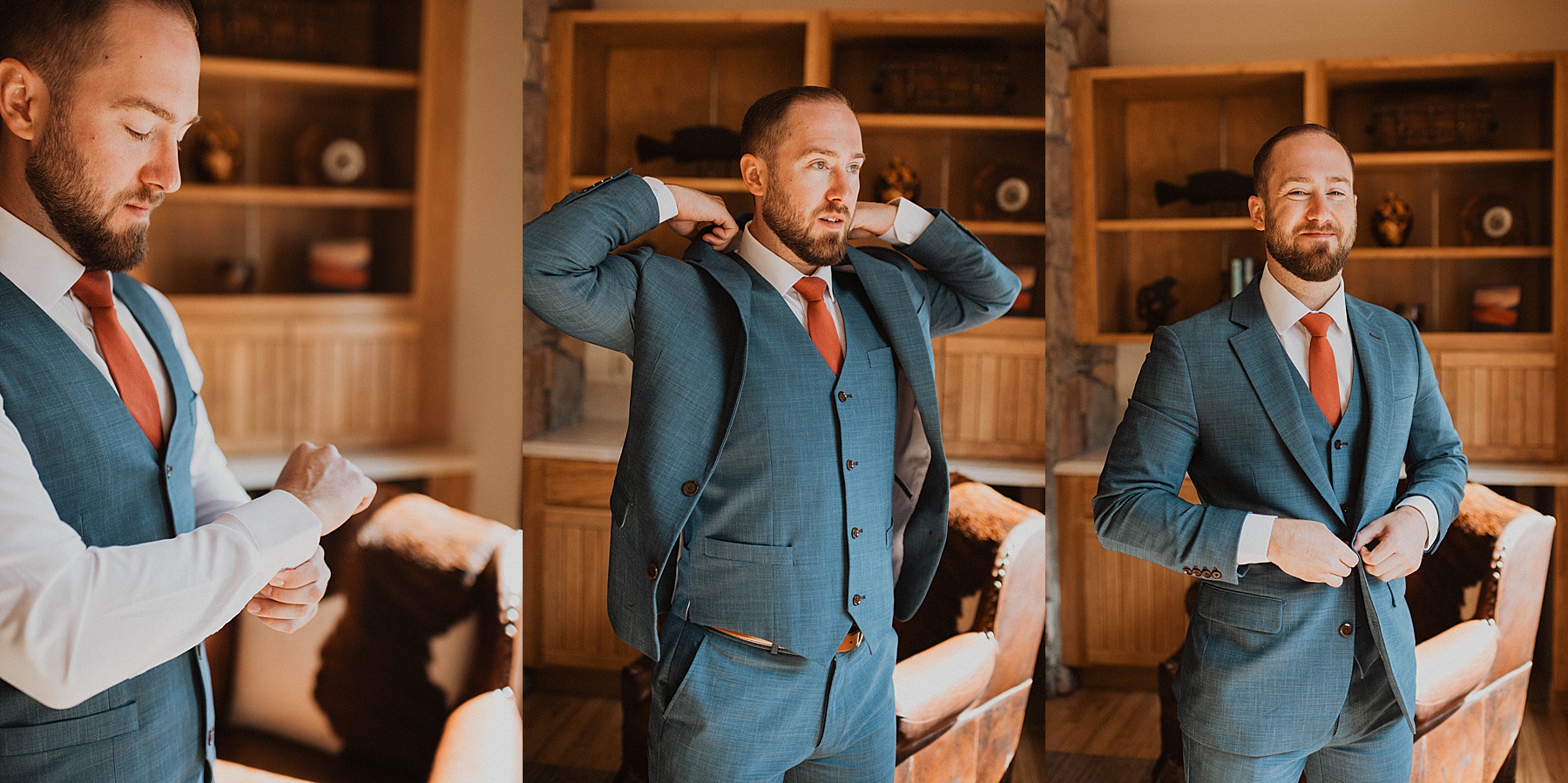 groom getting ready for wedding at taharaa mountain lodge in estes park 