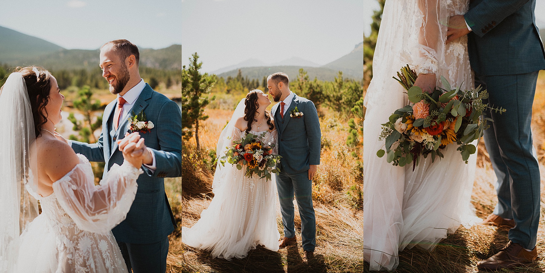 bride and groom portraits in rocky mountain national park at lily lake before wedding at taharaa mountain lodge 