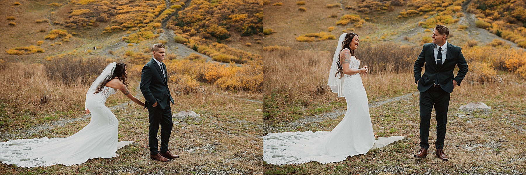 bride and groom first look at emerald lake in crested butte