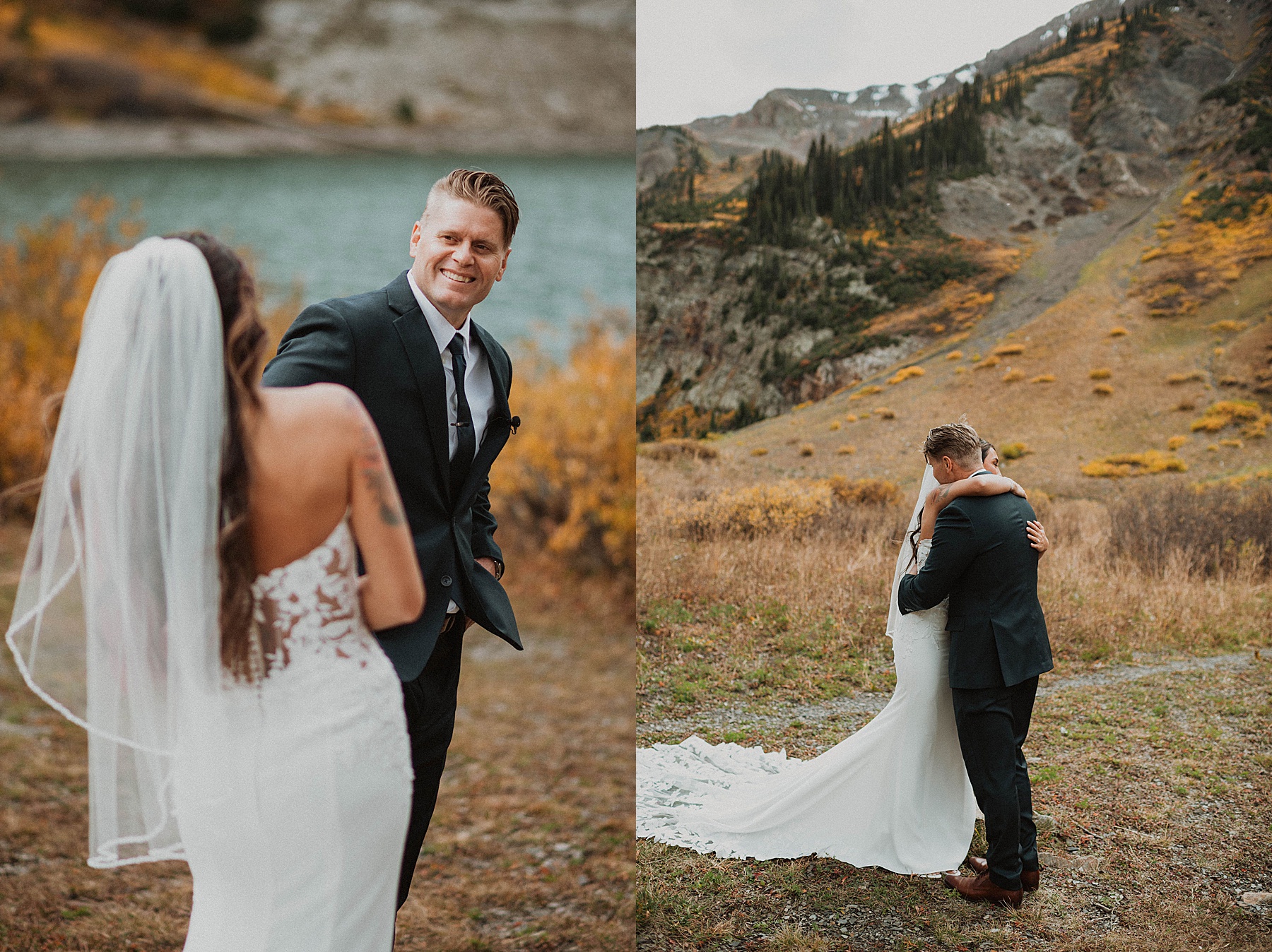 bride and groom first look at emerald lake in crested butte on their wedding day