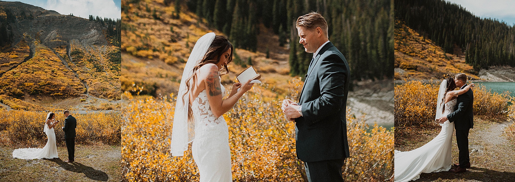 bride and groom first look at emerald lake in crested butte on their wedding day