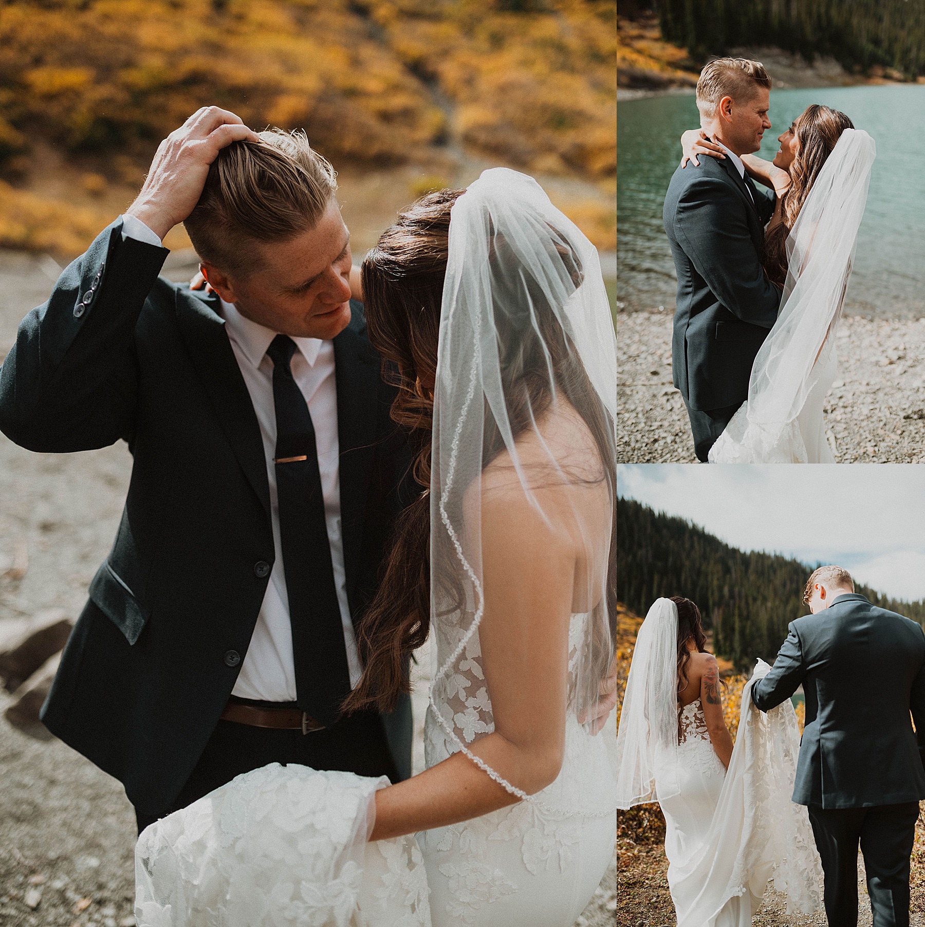 bride and groom first look at emerald lake in crested butte on their wedding day