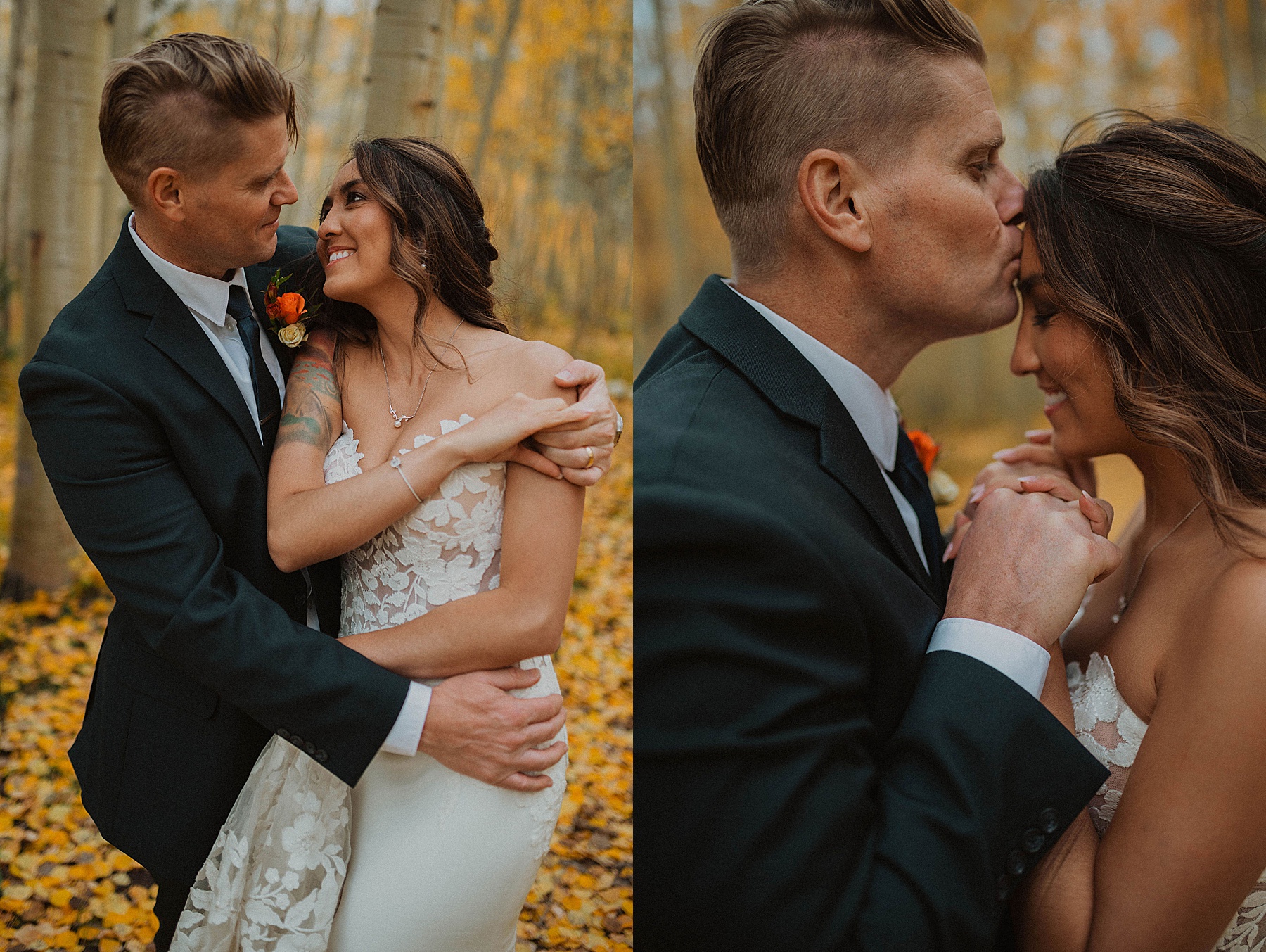 bride and groom in aspens at ten peaks at the crested butte resort for their fall wedding 