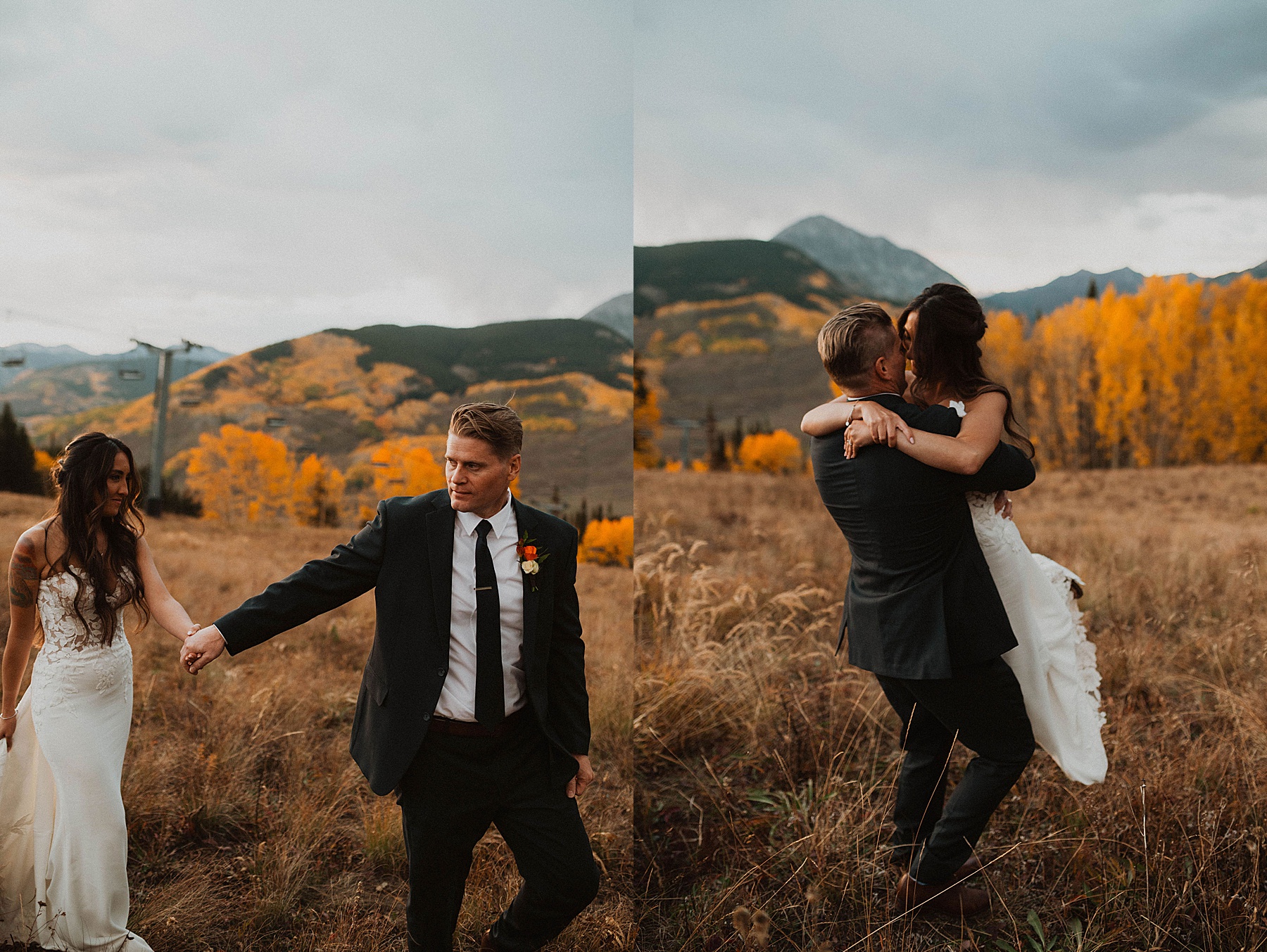 bride and groom on their wedding day at Ten peaks, overlooking the mountains at sunset at the Crested Butte Resort