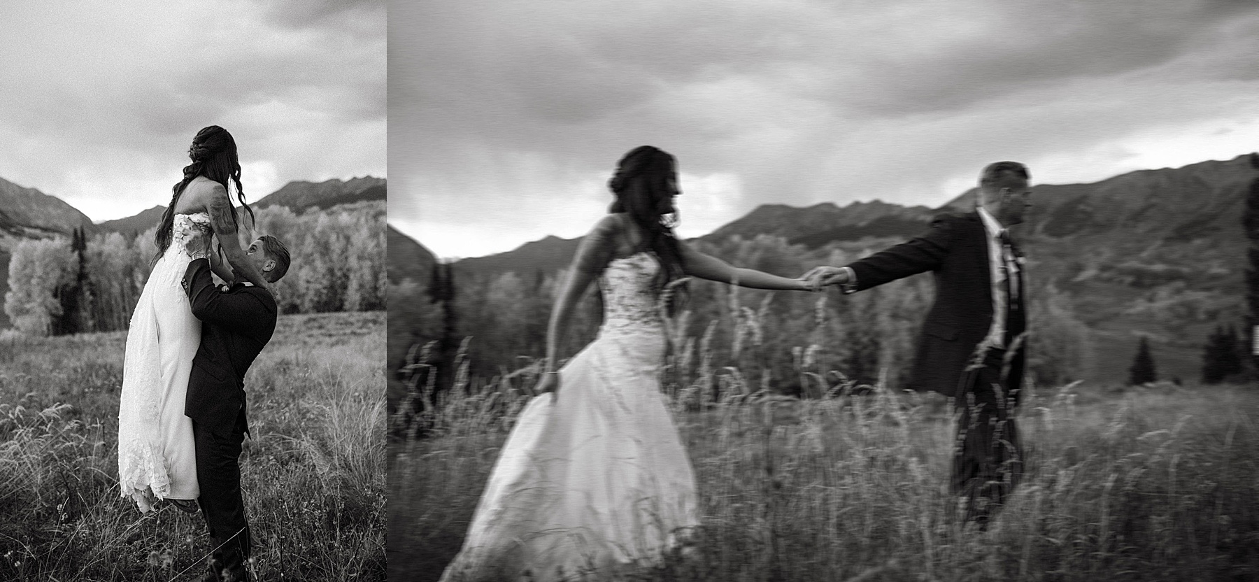 bride and groom on their wedding day at Ten peaks, overlooking the mountains at sunset at the Crested Butte Resort