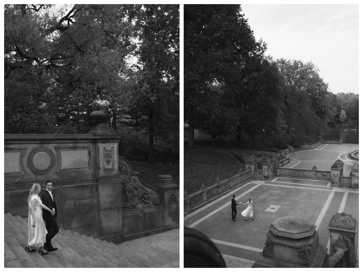 bride and groom at bethesda terrace in central park for an engagement session. NYC wedding photographer.