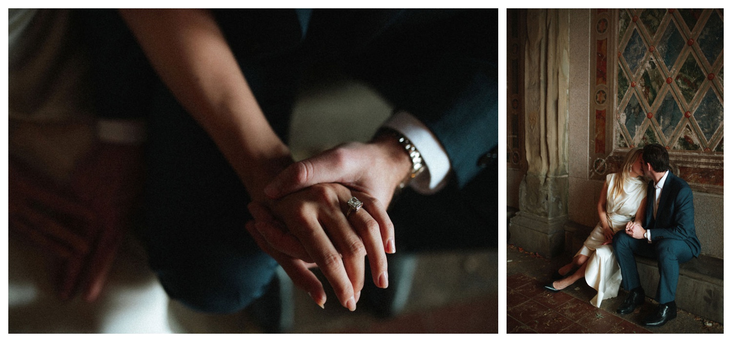 bride and groom at bethesda terrace in central park for an engagement session. NYC wedding photographer.