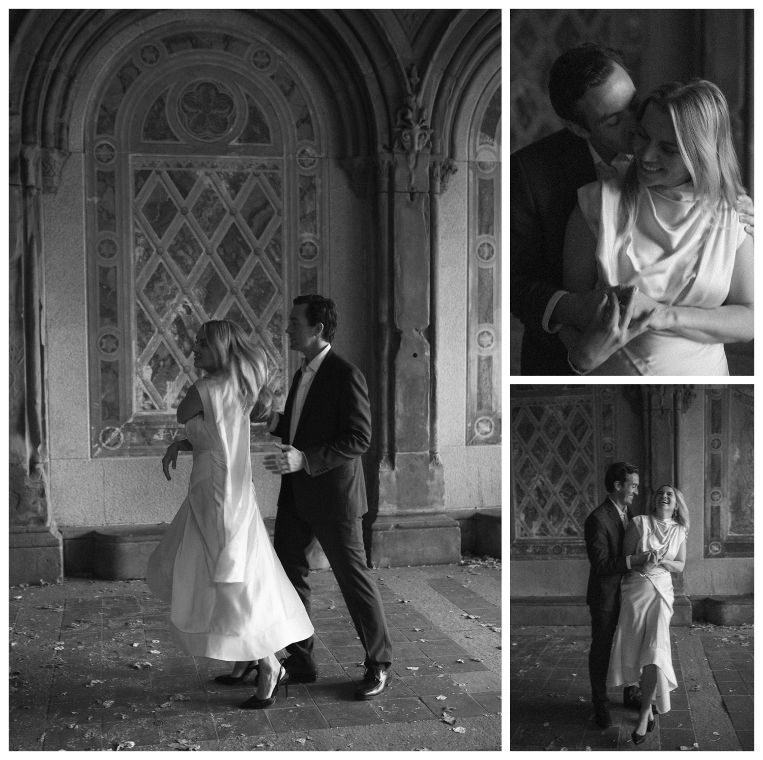bride and groom at bethesda terrace in central park for an engagement session. NYC wedding photographer.