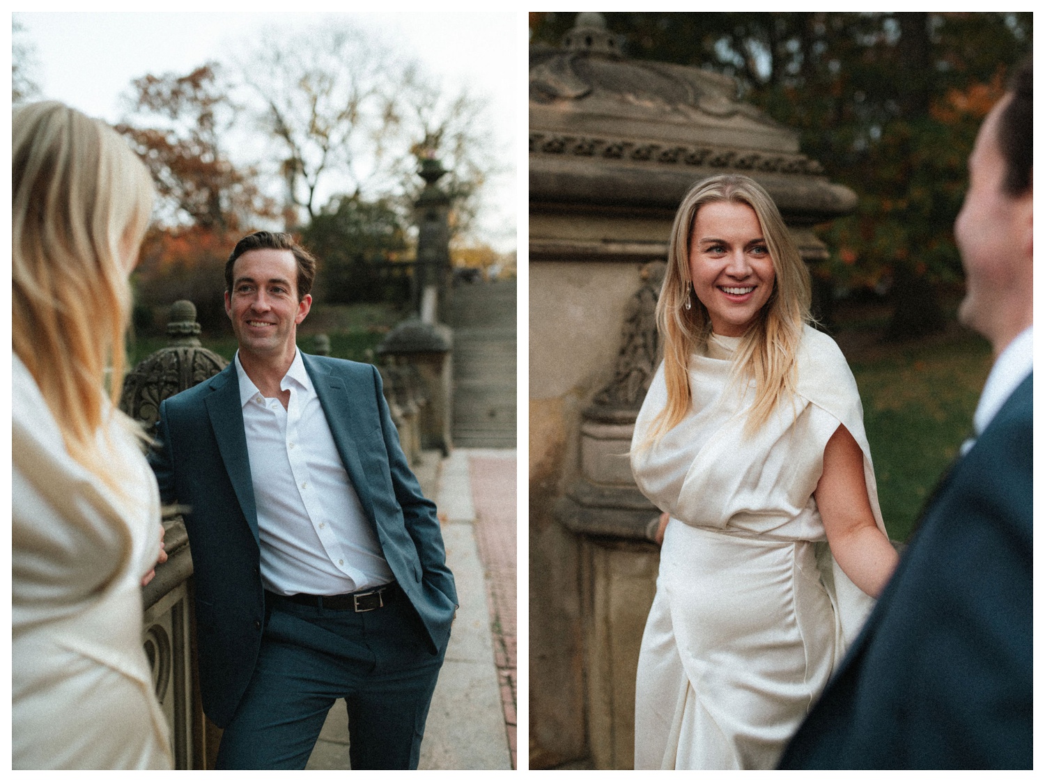 bride and groom at bethesda terrace in central park for an engagement session. NYC wedding photographer.