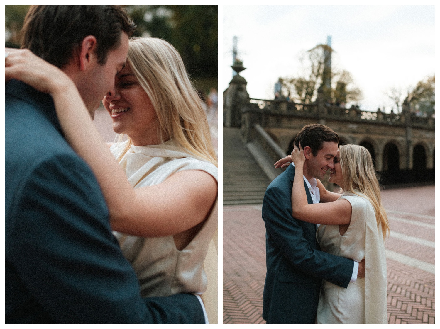 bride and groom at bethesda terrace in central park for an engagement session. NYC wedding photographer.