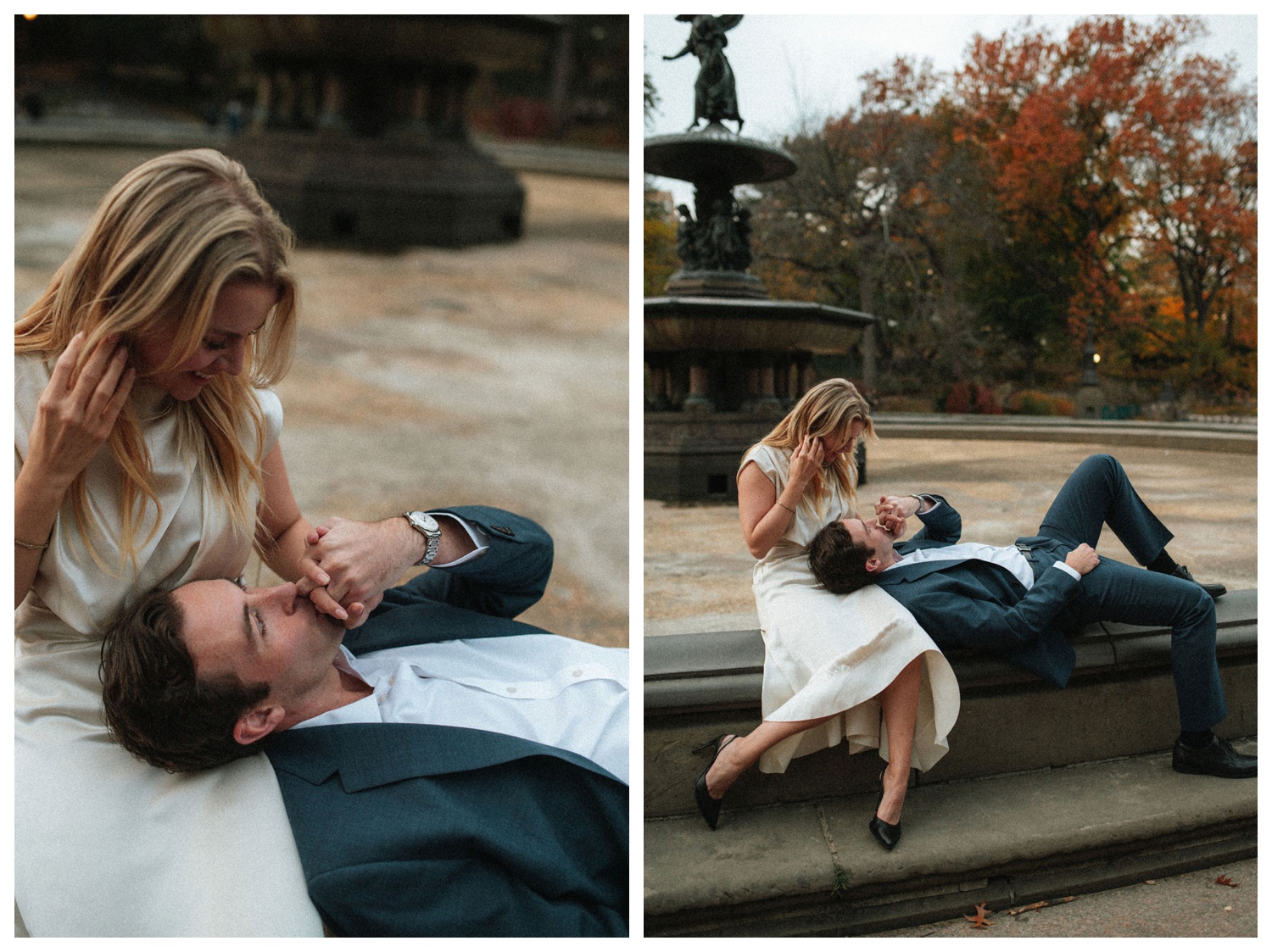 bride and groom at bethesda terrace in central park for an engagement session. NYC wedding photographer.