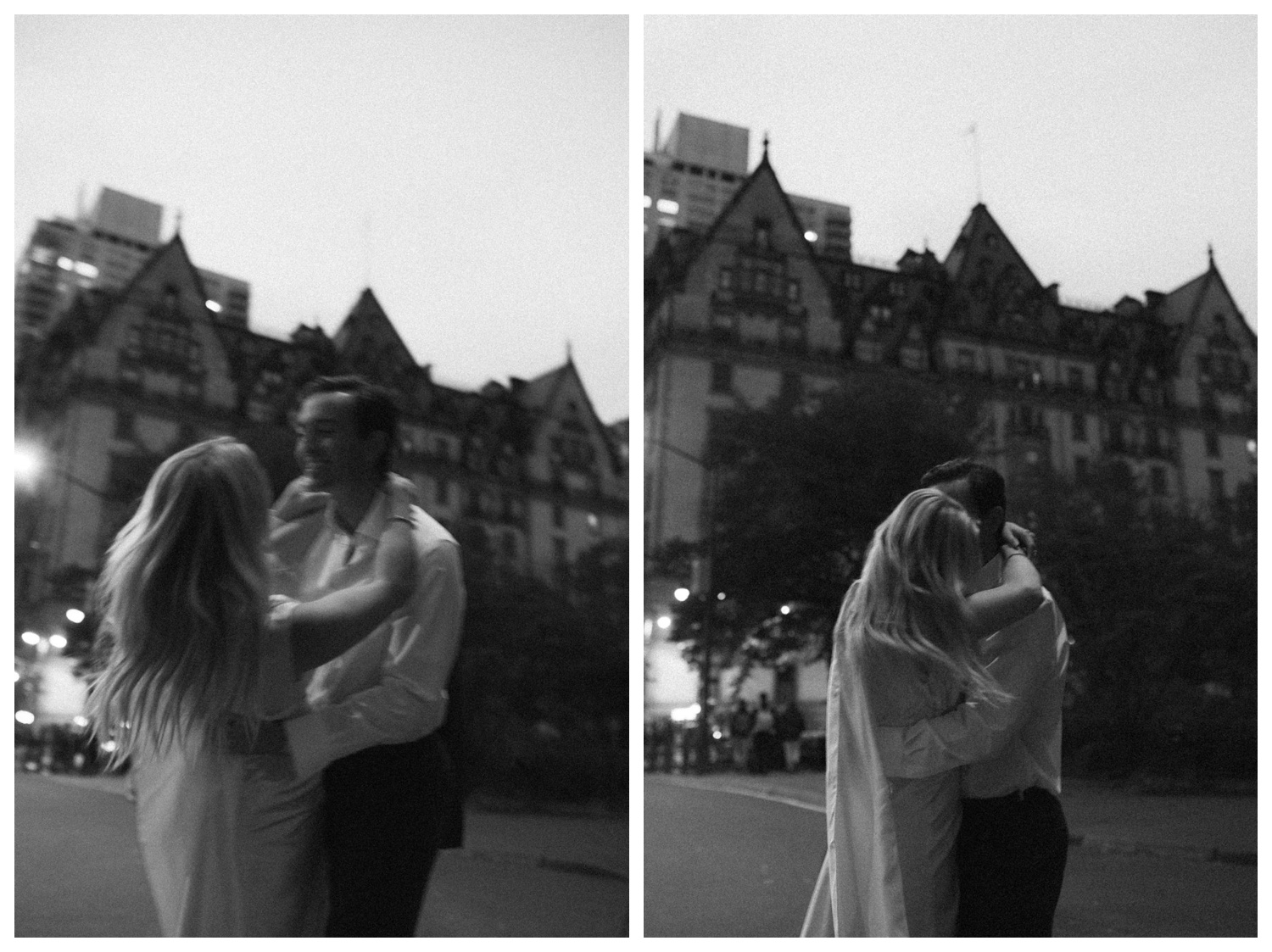 bride and groom at bethesda terrace in central park for an engagement session. NYC wedding photographer.