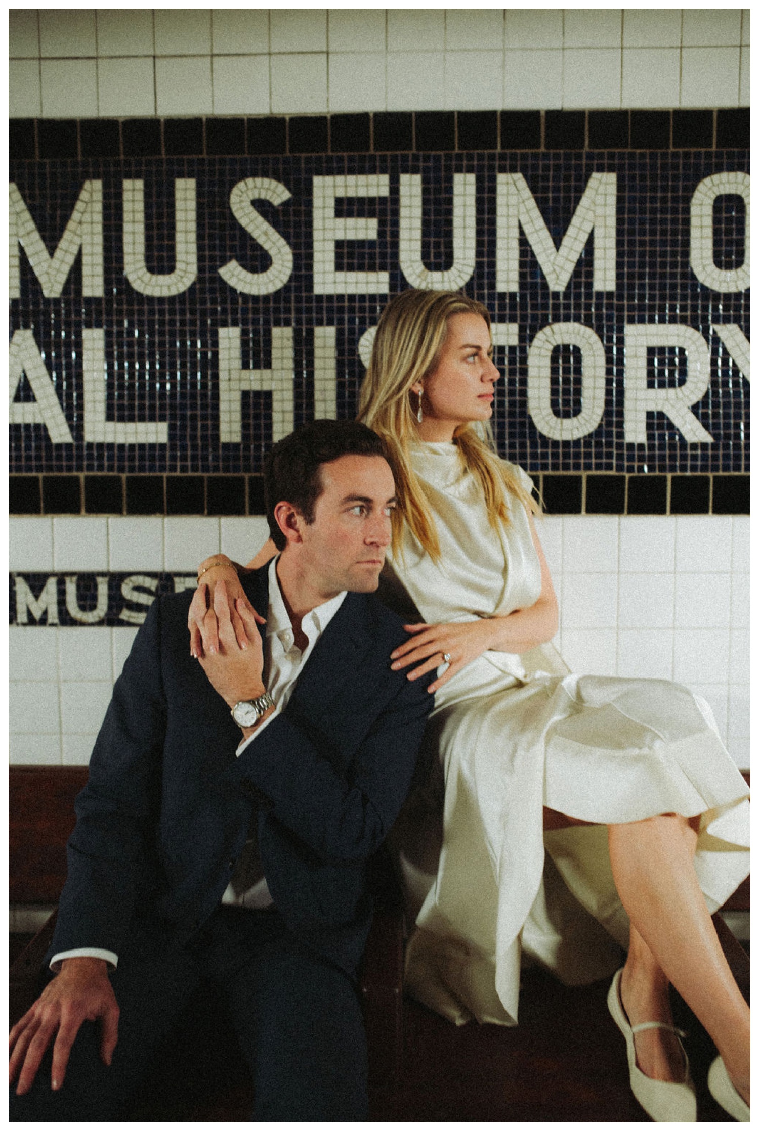 bride and groom at subway near central park and upper west side in manhattan, near natural history museum. NYC wedding photographer. Brooklyn wedding photographer.