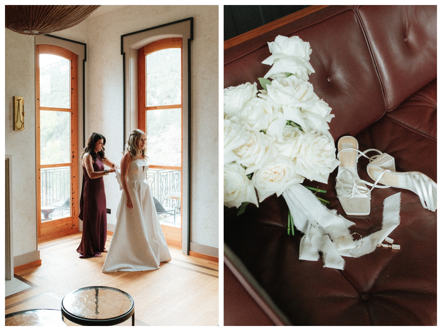 Bride getting into her wedding dress at the surf hotel with flowers from Growing Wild BV