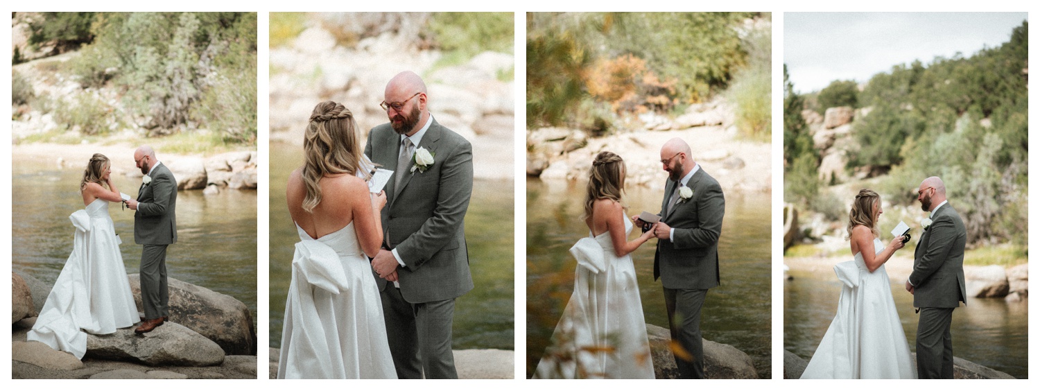 Bride and groom in Surf Hotel down by the river reading their vows, Buena Vista on their wedding day. Colorado wedding photographer. Parr Photo Co. Luxury wedding. Chateau wedding. 