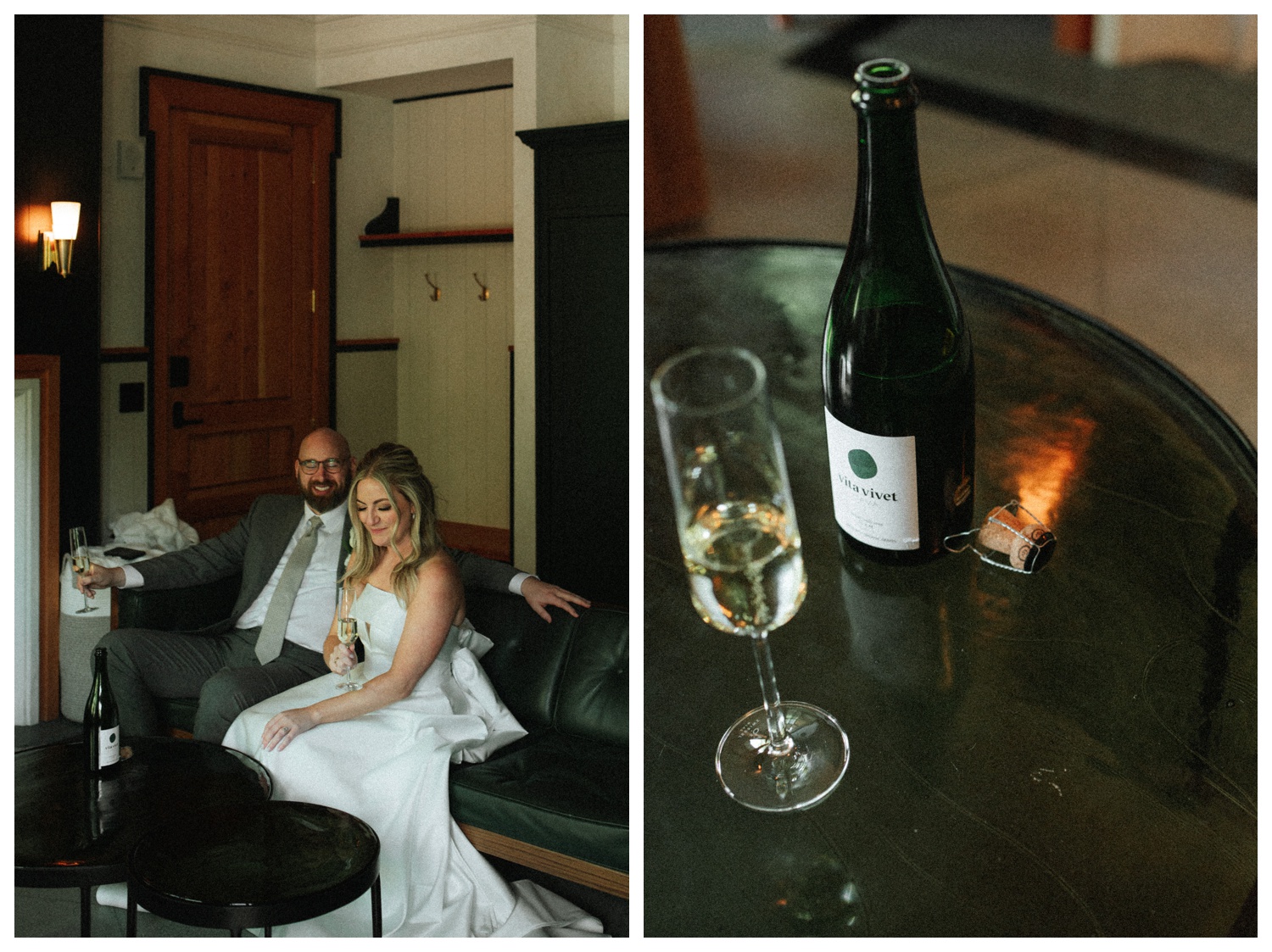 Bride and groom at Surf Hotel, Buena Vista drinking champagne on their wedding day. Colorado wedding photographer. Parr Photo Co. Luxury wedding. Chateau wedding. 