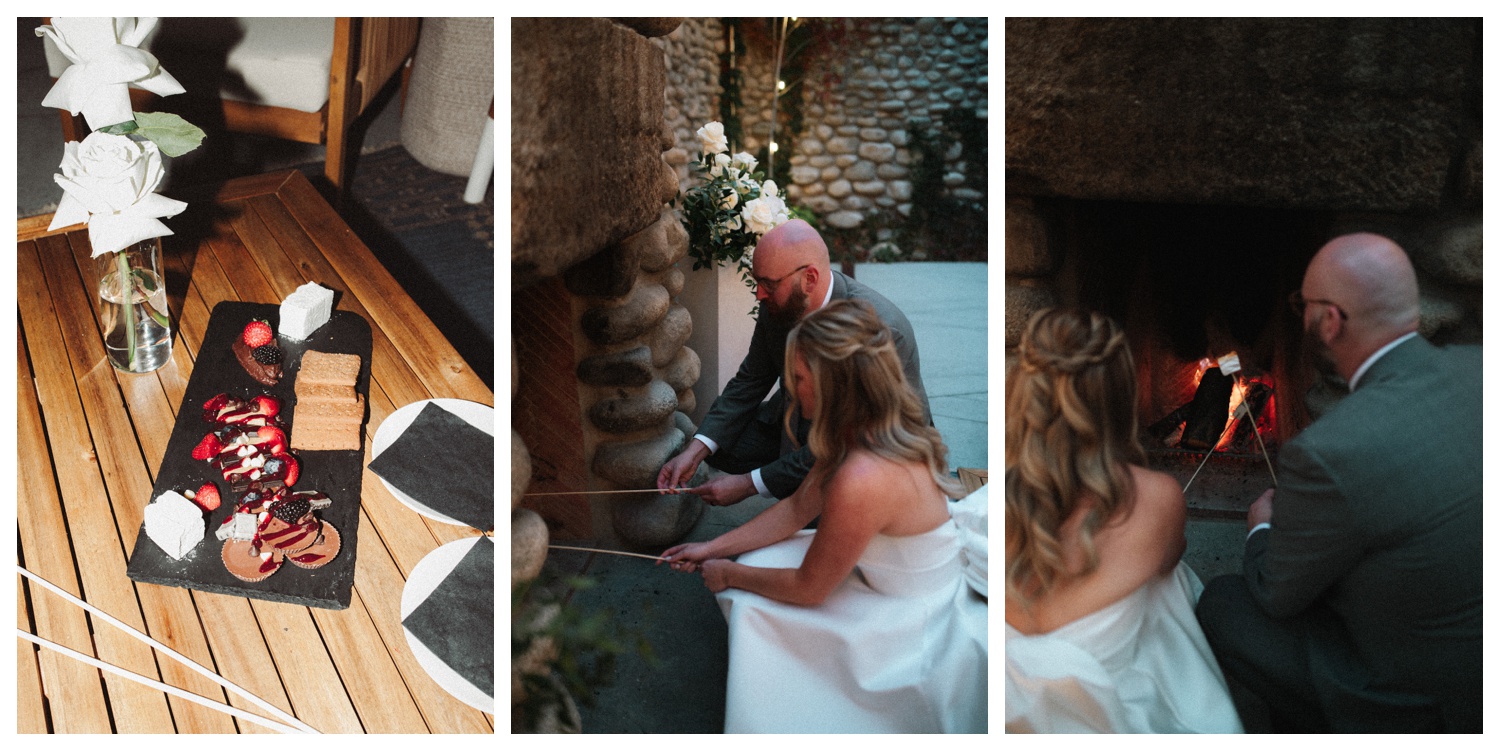 bride and groom having s'mores at the Surf Hotel in Buena Vista. Luxury wedding in the mountains. Colorado wedding photographer. Parr Photo Co. 