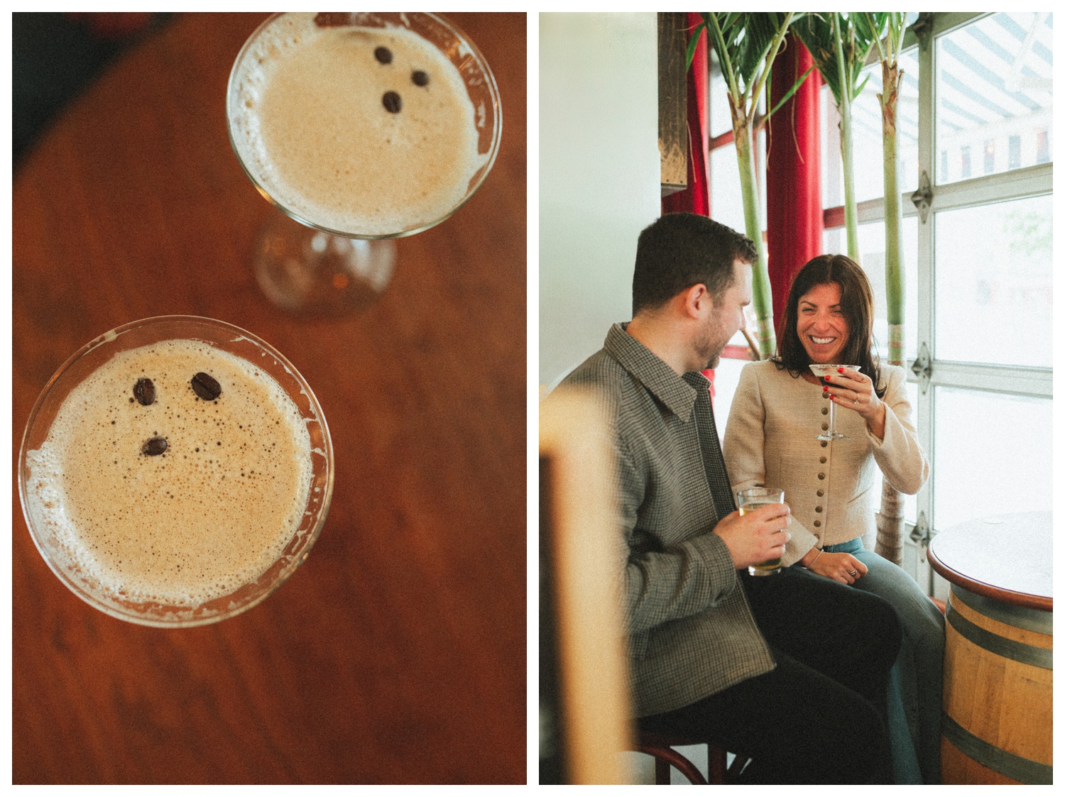 Engaged couple drinking martinis at their favorite bar in Williamsburg Brooklyn. Brooklyn wedding photographer.