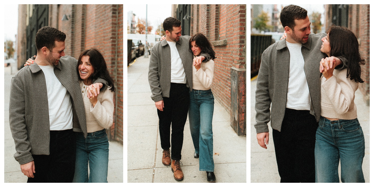 Engaged couple laughing and hugging as they walk down the streets of Williamsburg Brooklyn to their favorite bar. Brooklyn Wedding Photographer. Parr Photo Co