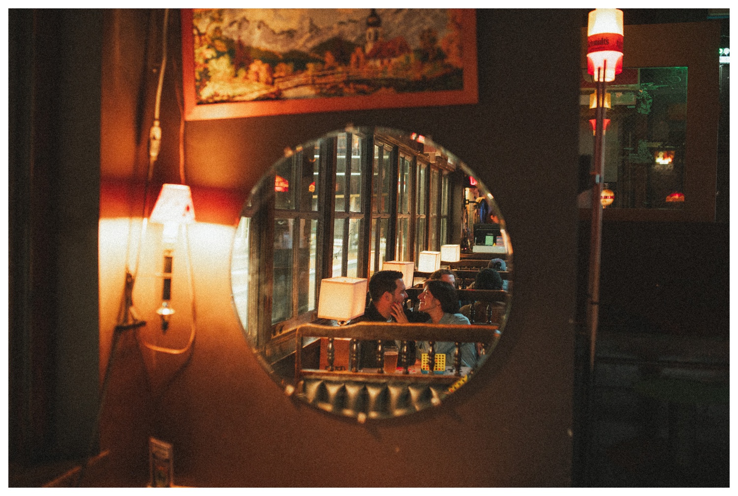 Engaged couple playing Connect Four at THE GUTTER bowling alley for their engagement session in Williamsburg Brooklyn. Brooklyn Wedding Photographer. Parr Photo Co
