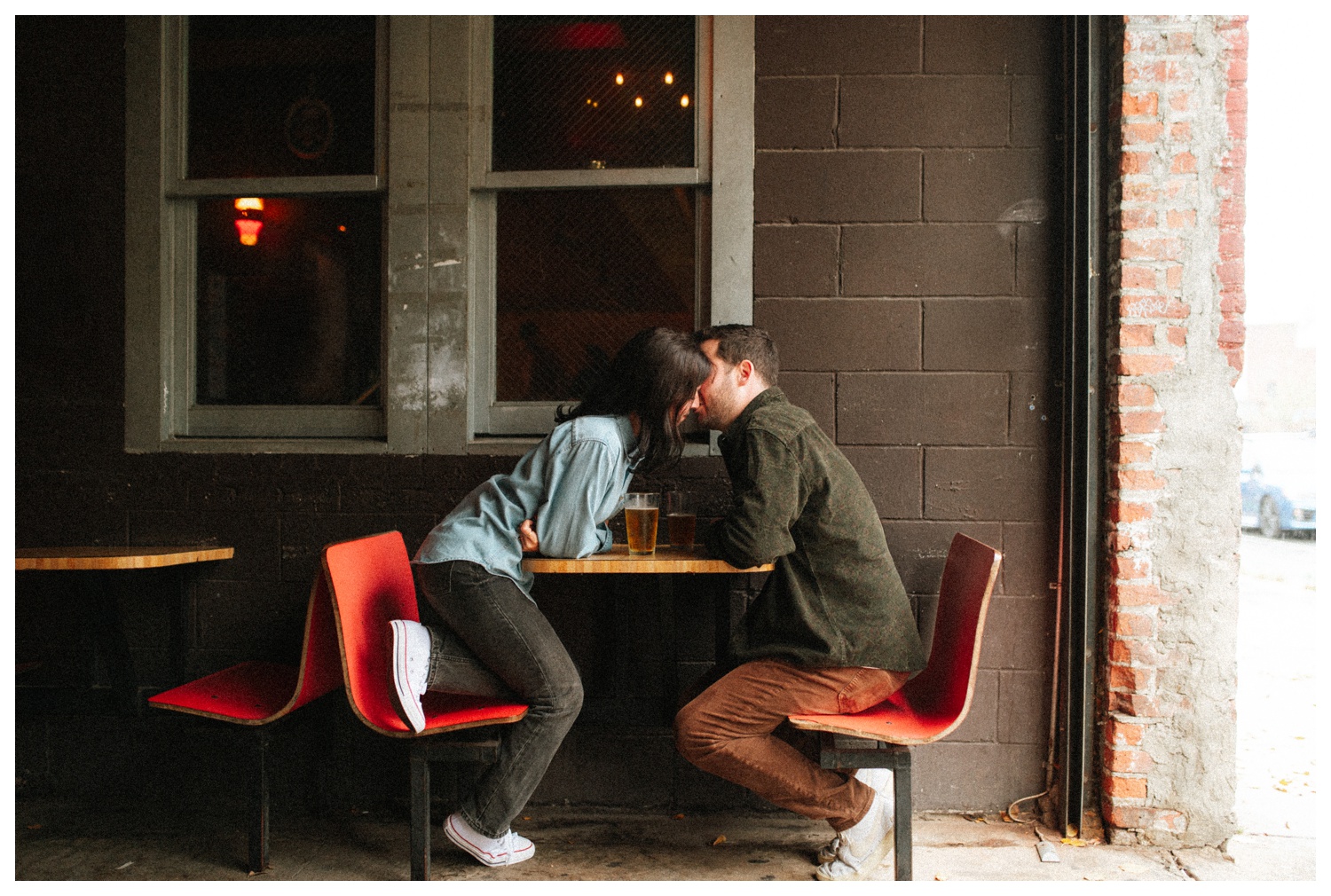 Engaged couple at THE GUTTER bowling alley for their engagement session in Williamsburg Brooklyn. Brooklyn Wedding Photographer. Parr Photo Co