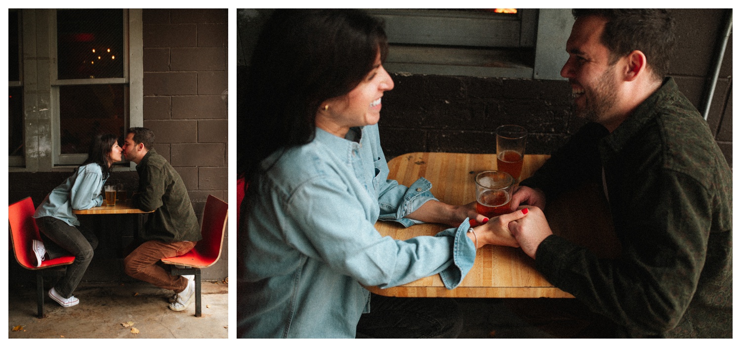 Engaged couple at THE GUTTER bowling alley for their engagement session in Williamsburg Brooklyn. Brooklyn Wedding Photographer. Parr Photo Co