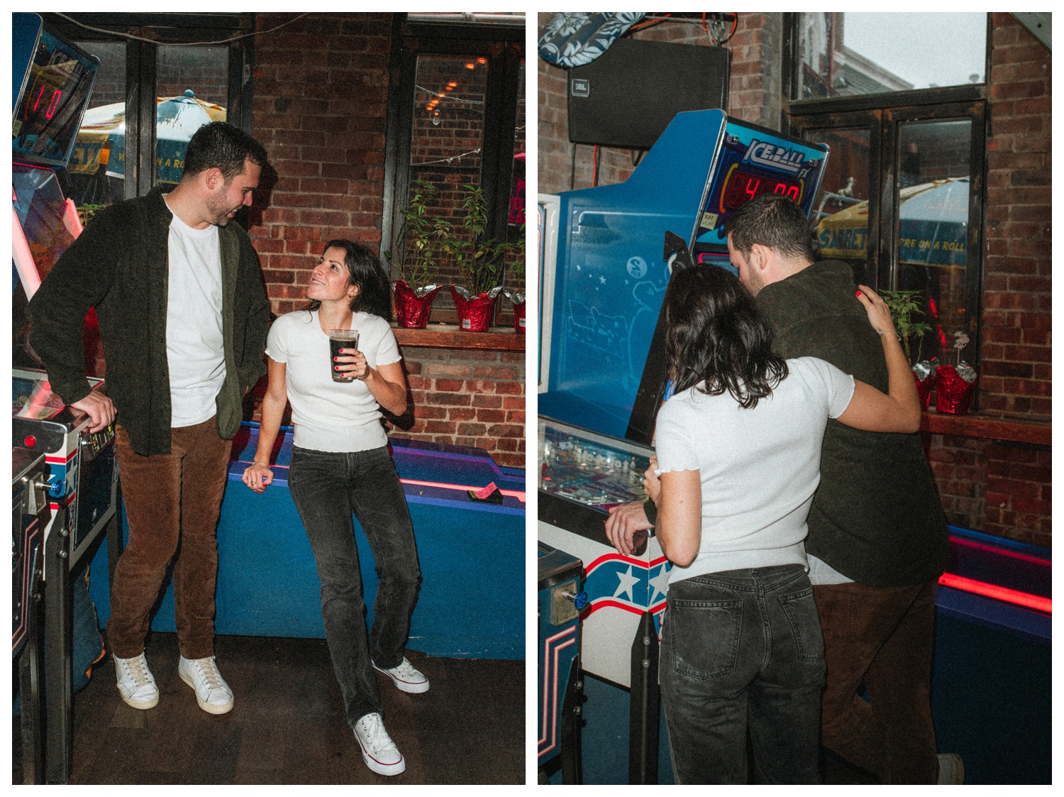 Engaged couple at Sunshine Laundromat Pinball Bar in Greenpoint Brooklyn playing pinball. Brooklyn Wedding Photographer. Parr Photo Co.