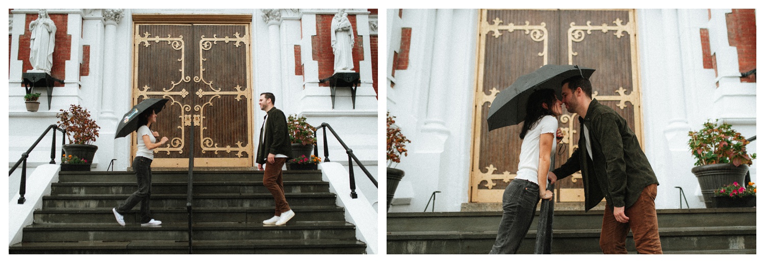 Engaged couple in front of their church in Greenpoint Brooklyn.