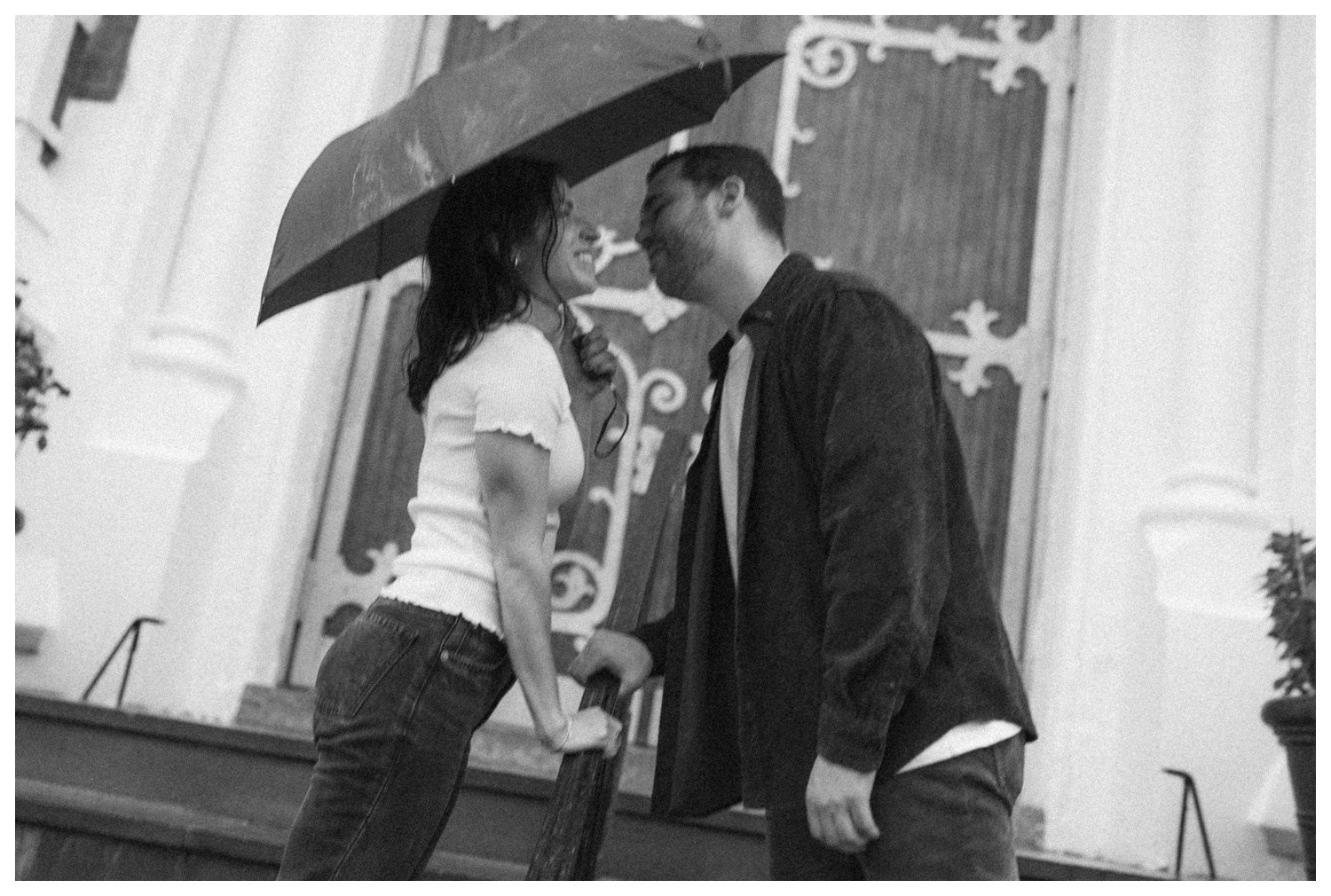 Engaged couple in front of their church in Greenpoint Brooklyn.