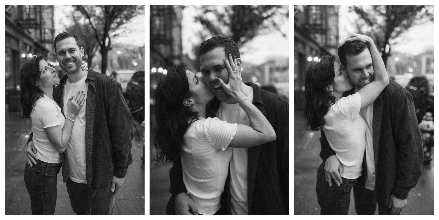 Engaged couple on the streets of Greenpoint Brooklyn on a rainy day. Brooklyn Wedding Photographer. Parr Photo Co