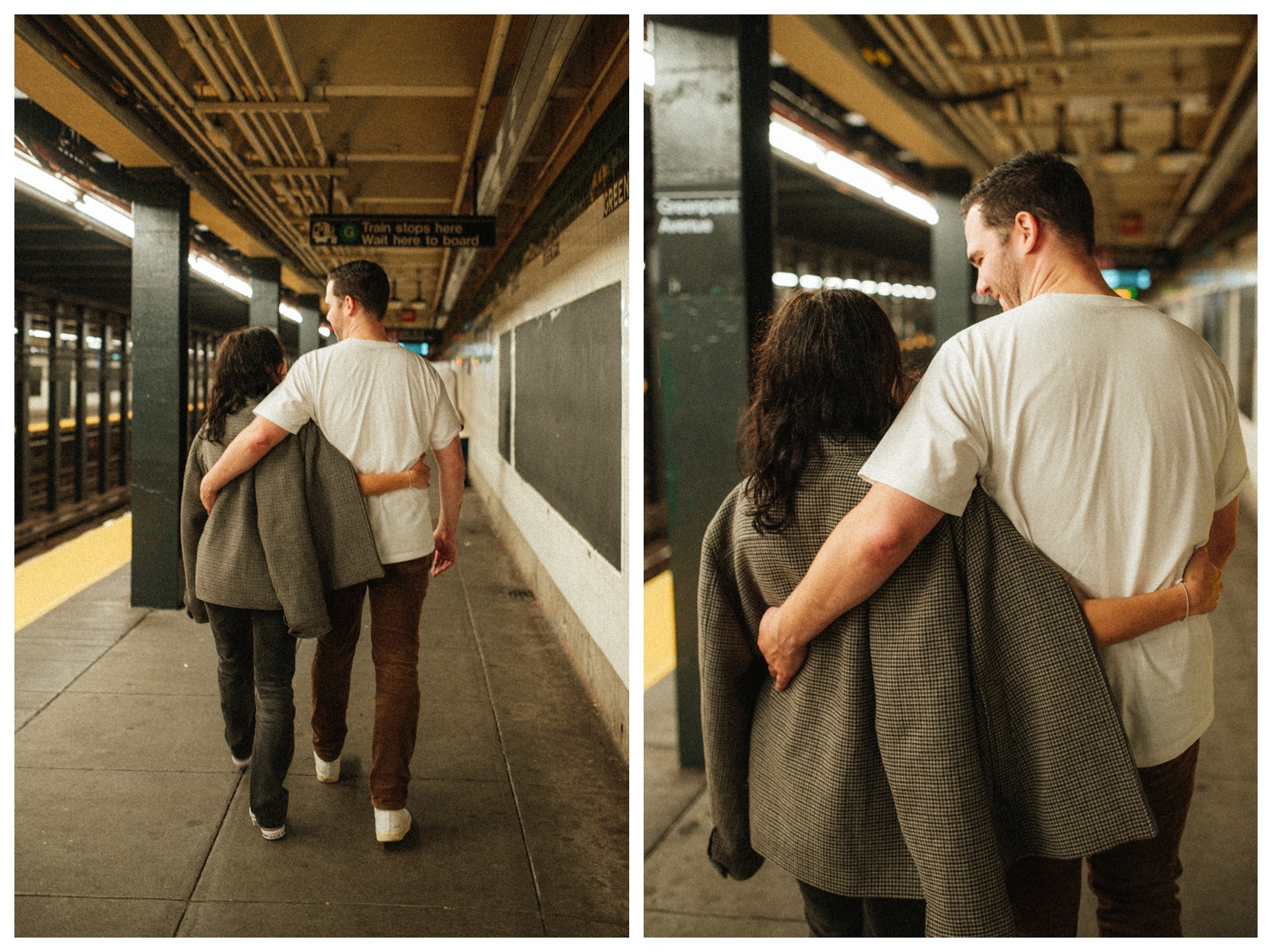 Engaged couple walking down the Greenpoint subway station. Brooklyn Wedding Photographer
