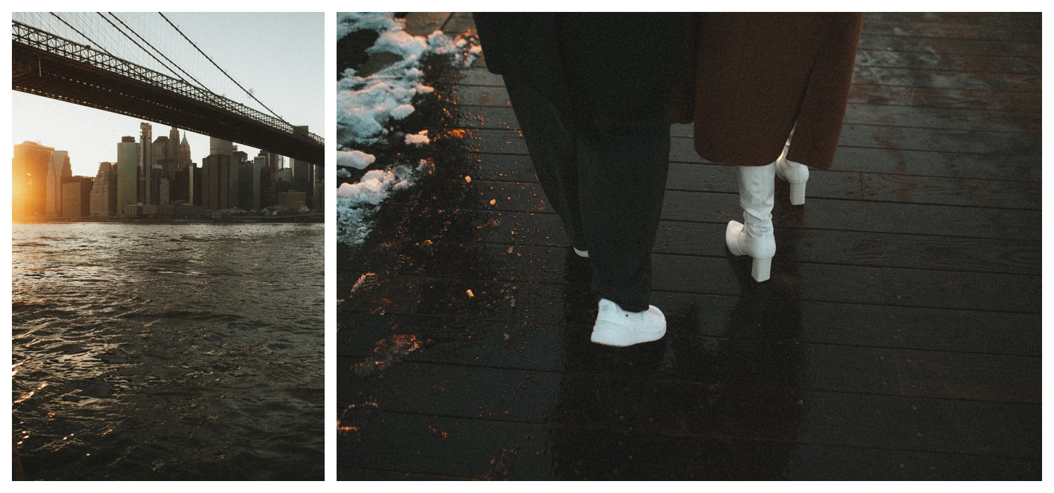 Engaged couple walking in front of the Manhattan skyline for their engagement photos.
