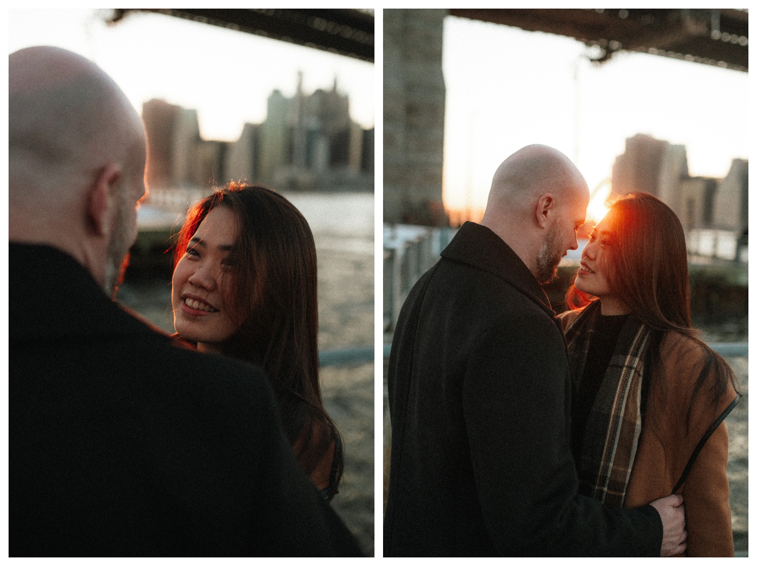 A couple standing in front of the sunset in Brooklyn Bridge park for their engagement photos. New York City wedding photographer. Brooklyn wedding photographer. Parr Photo Co.
