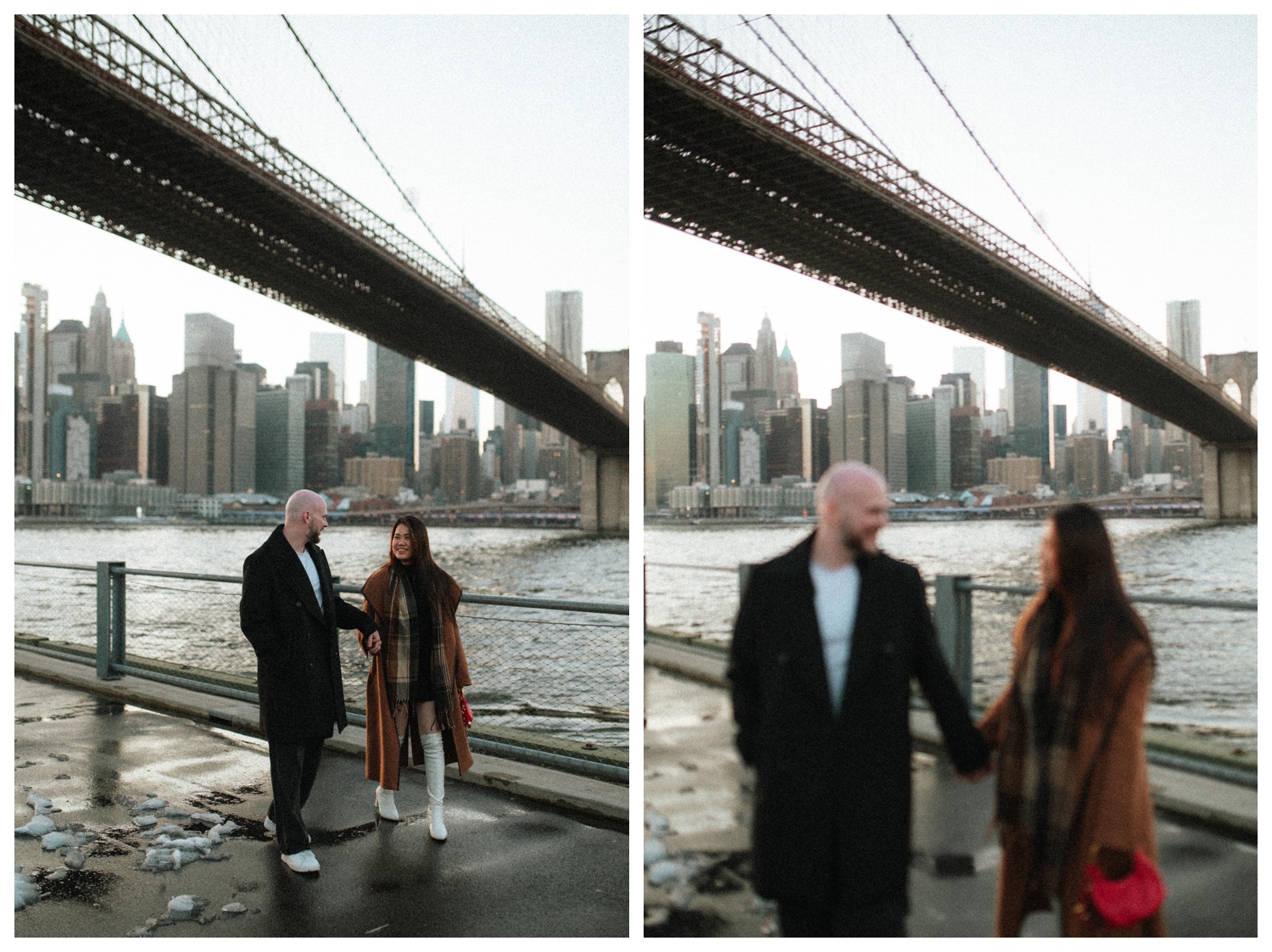 An engaged couple walking in front of the Manhattan skyline at Brooklyn Bridge Park for their engagement session. New York City wedding photographer. Brooklyn wedding photographer. Parr Photo Co.
