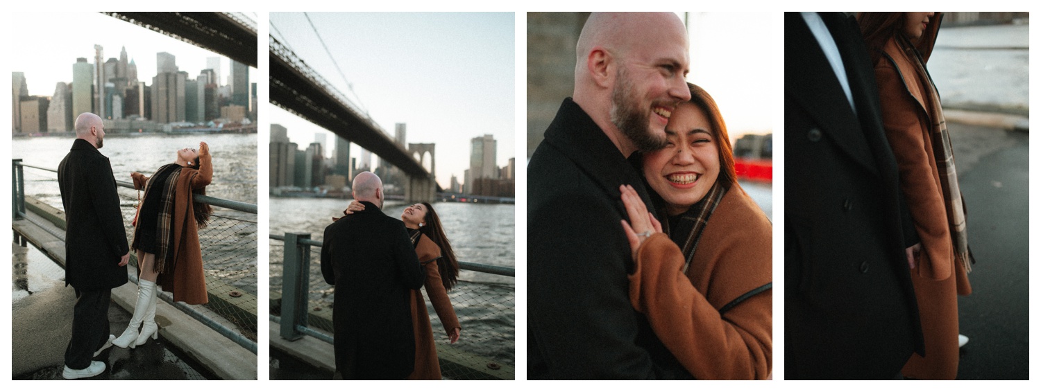 An engaged couple walking in front of the Manhattan skyline at Brooklyn Bridge Park for their engagement session. New York City wedding photographer. Brooklyn wedding photographer. Parr Photo Co.
