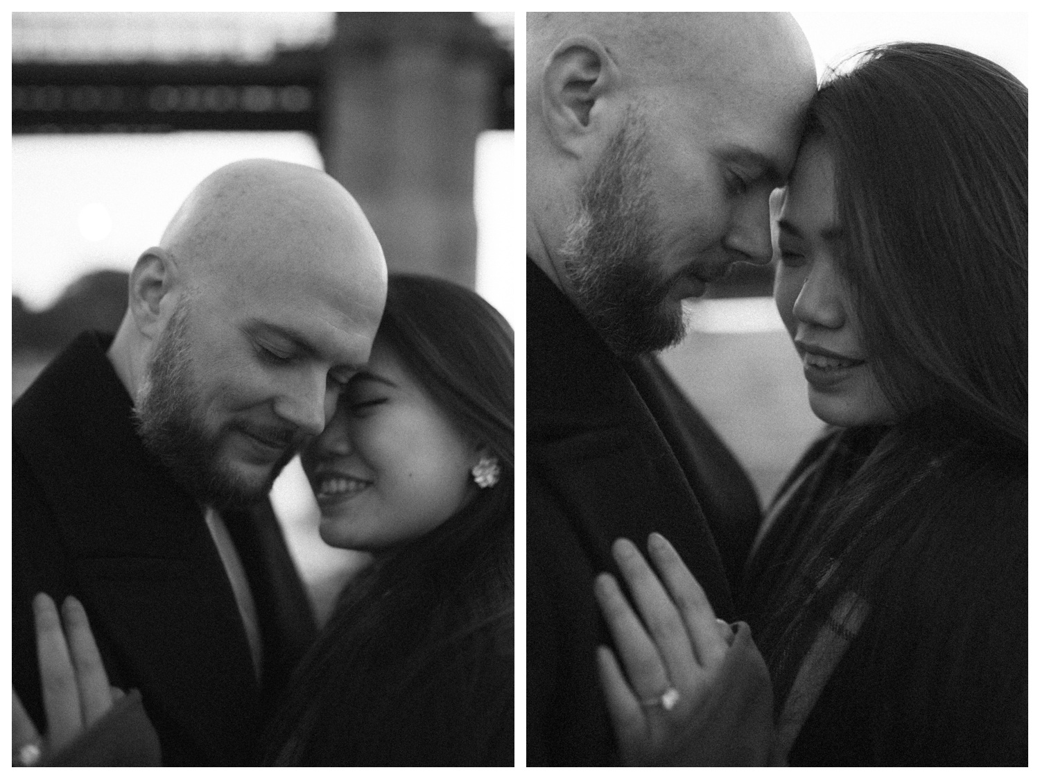 An engaged couple walking in front of the Manhattan skyline at Brooklyn Bridge Park for their engagement session. New York City wedding photographer. Brooklyn wedding photographer. Parr Photo Co.