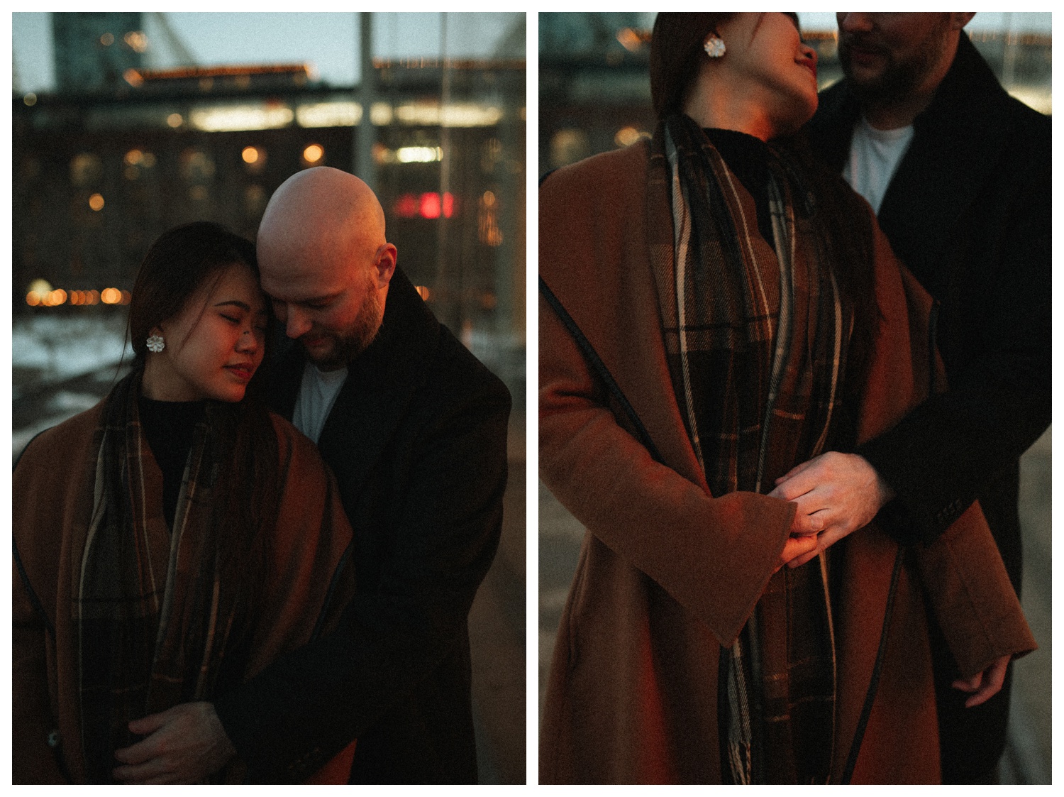 An engaged couple standing in front of Jane's Carousel Brooklyn Bridge Park for their engagement session. New York City wedding photographer. Brooklyn wedding photographer. Parr Photo Co.