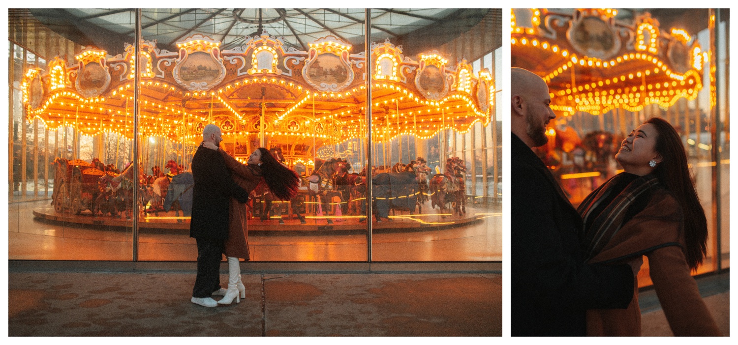 Bride and groom running in front of Jane's Carousel lit up in the evening at Brooklyn Bridge Park in downtown Brooklyn. New York City wedding photographer. Brooklyn wedding photographer. Parr Photo Co. 