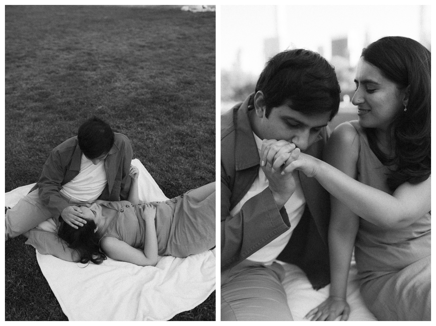 A candid moment of a couple sitting on a blanket at Sheep Meadow in Central Park NYC. Parr Photo Co. NYC wedding photographer. Brooklyn Wedding Photographer.