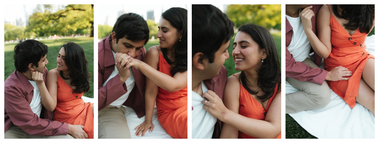 A candid moment of a couple sitting on a blanket at Sheep Meadow in Central Park NYC. Parr Photo Co. NYC wedding photographer. Brooklyn Wedding Photographer.