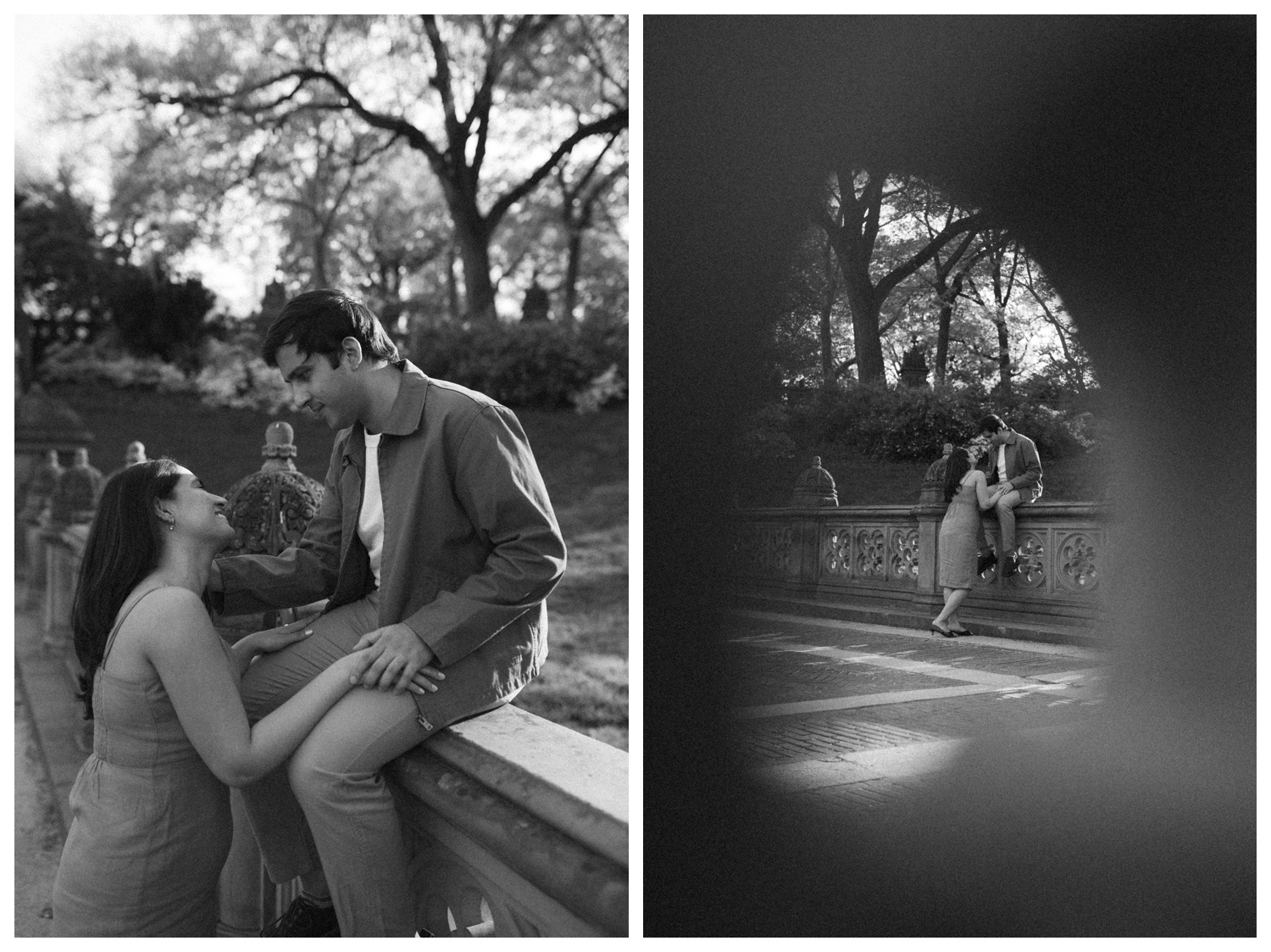 A cinematic moment of a couple sitting on the bench, hugging at the iconic and cinematic Central Park on the upper west side. NYC Wedding Photographer. Parr Photo Co.