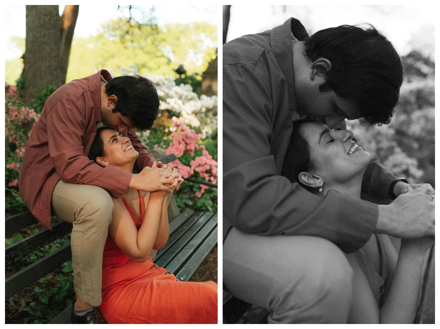A cinematic moment of a couple sitting on the bench, hugging at the iconic and cinematic Central Park on the upper west side. NYC Wedding Photographer. Parr Photo Co.