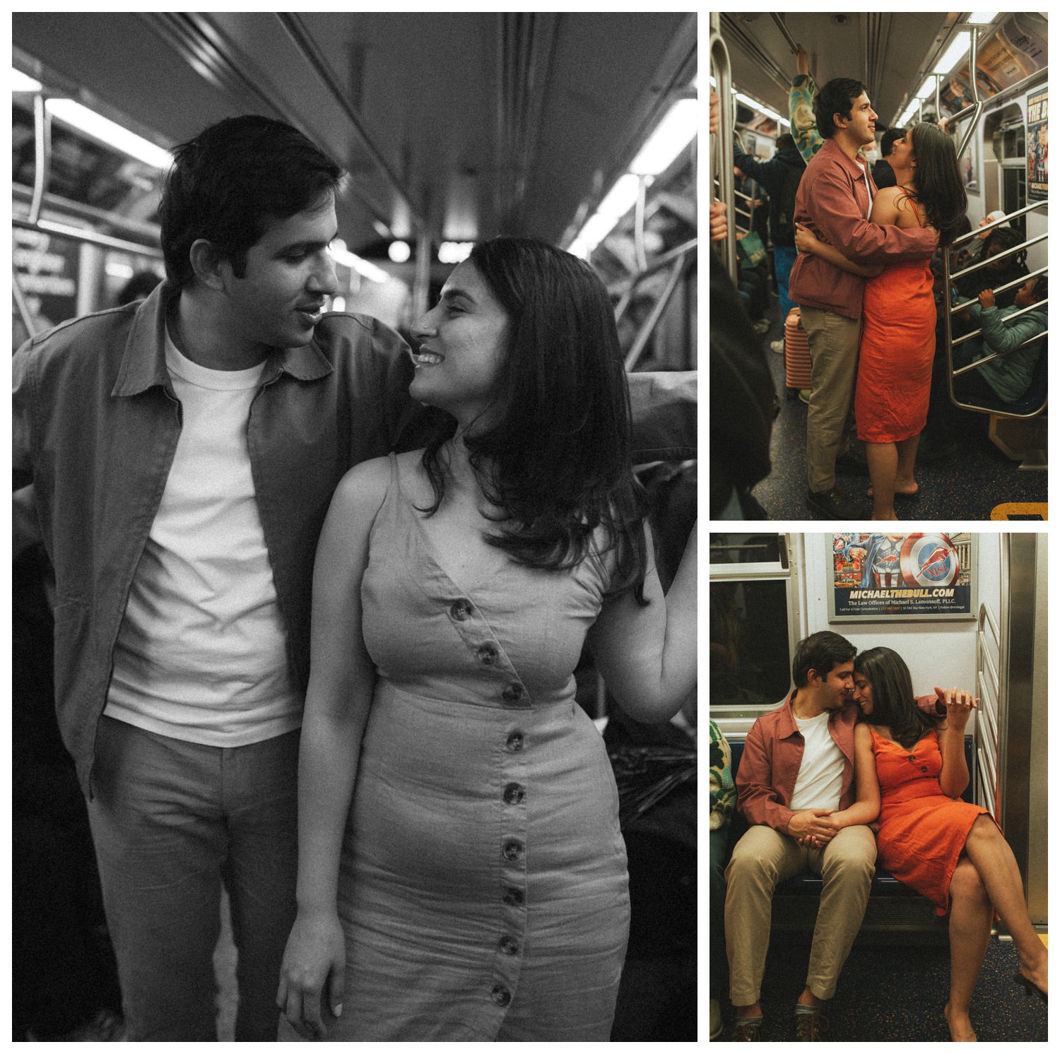 An engaged couple cuddling on the subway from Central park to the West Village
