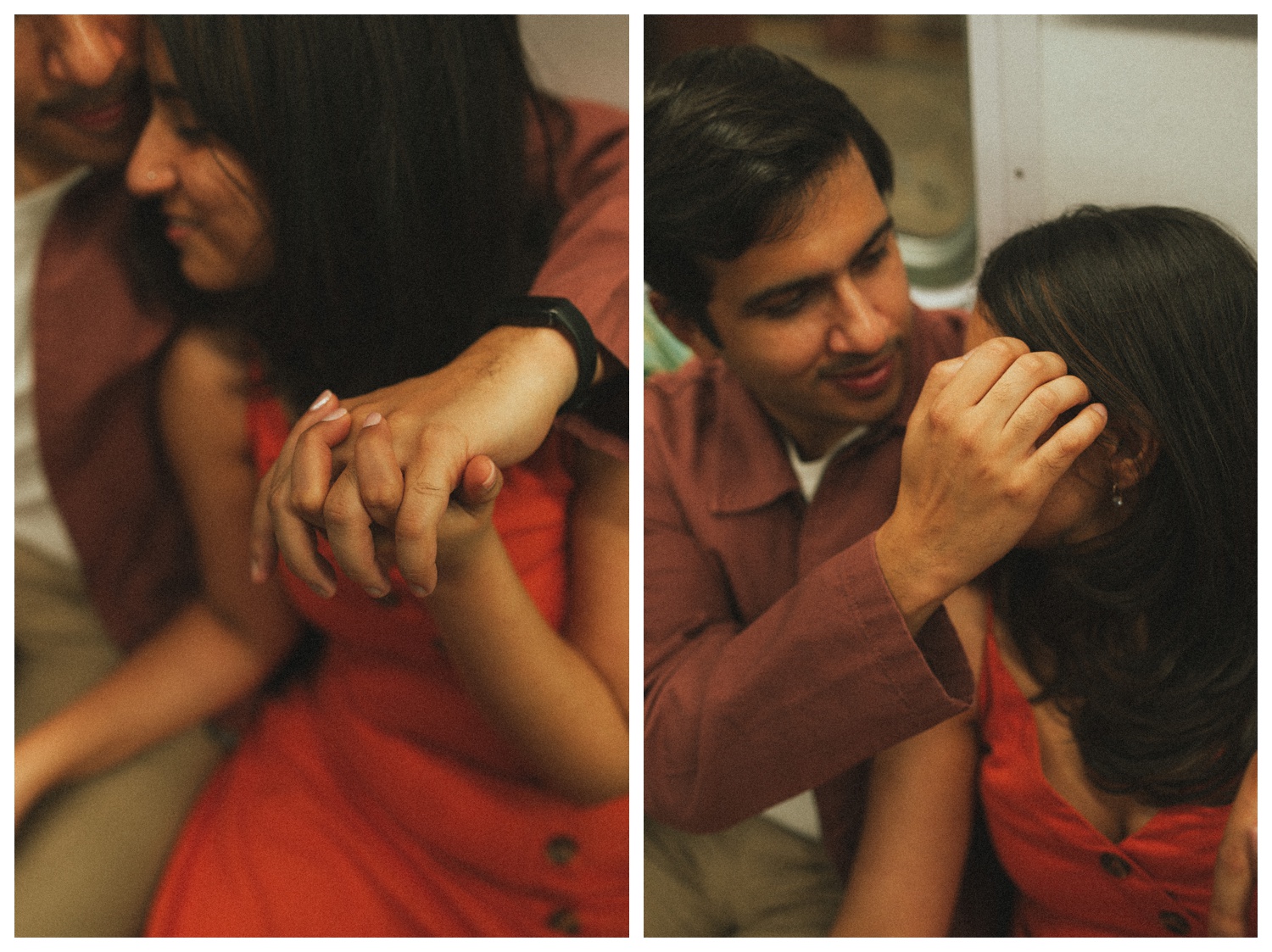 An engaged couple cuddling on the subway from Central park to the West Village