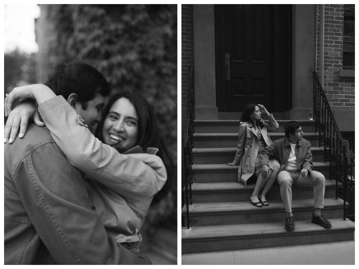 A couple kissing on the steps of a brownstone on the cinematic streets of the West Village. NYC Wedding Photographer. Brooklyn Wedding Photographer.