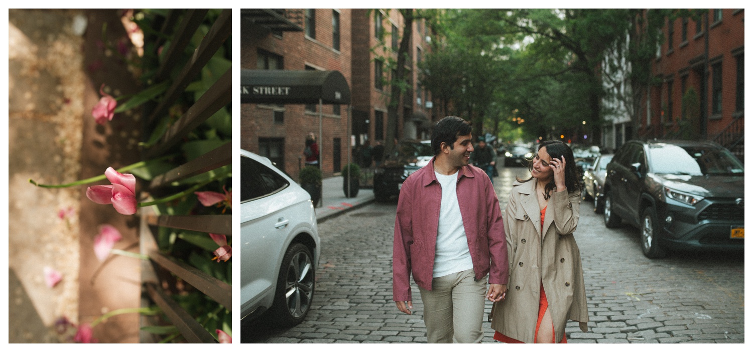 A couple kissing on the steps of a brownstone on the cinematic streets of the West Village. NYC Wedding Photographer. Brooklyn Wedding Photographer.