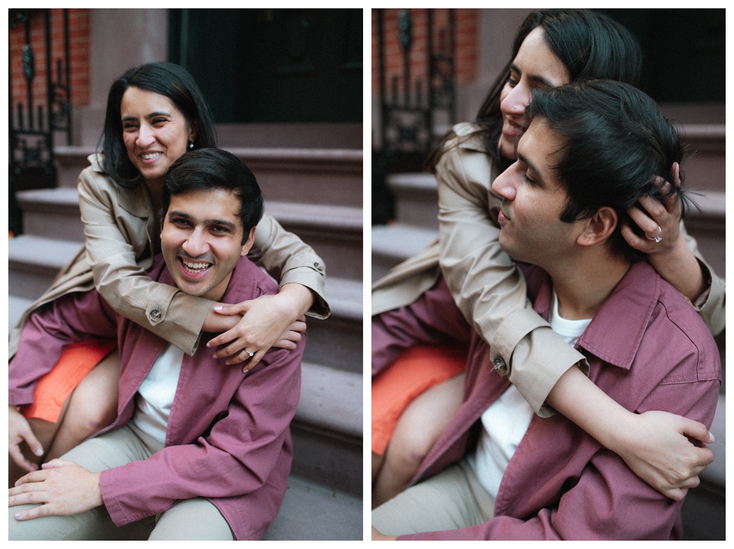 A couple kissing on the steps of a brownstone on the cinematic streets of the West Village. NYC Wedding Photographer. Brooklyn Wedding Photographer.